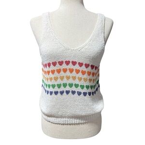 Moon & Madison Rainbow Heart Knit Tank Top Sz Small Pride White Valentines Day